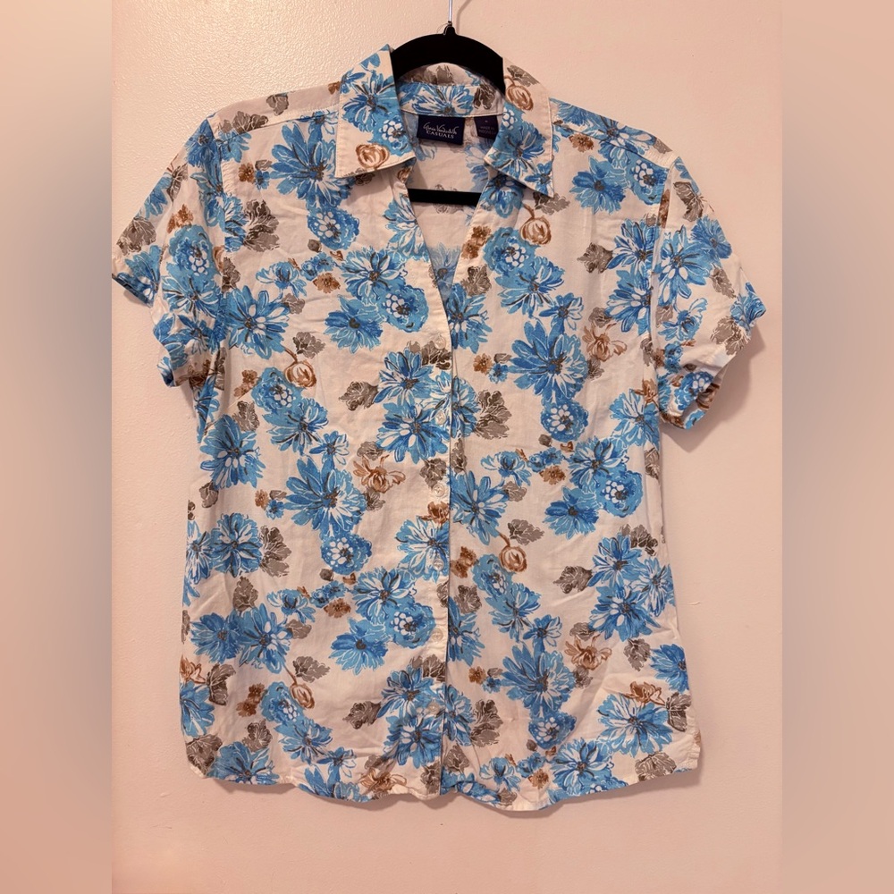 Gloria Vanderbilt Blue and Brown Floral Button Down Shirt